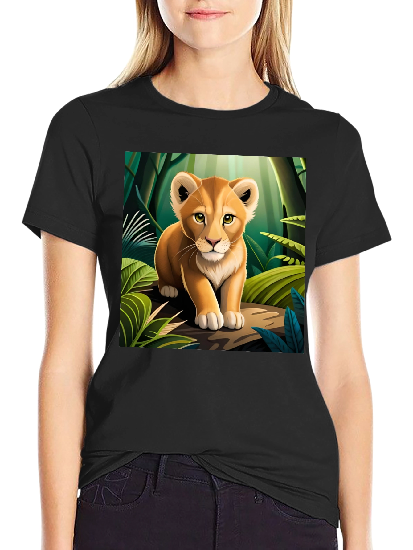 Cute Lion Cub in Jungle Black T-Shirt