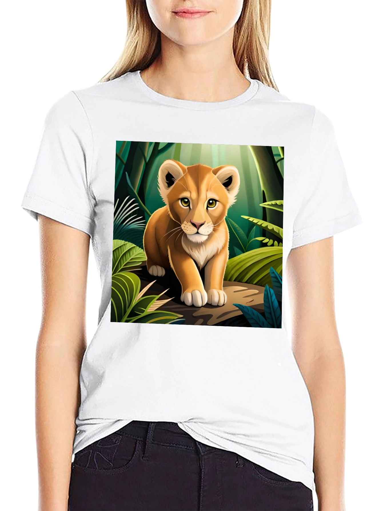 Cute Lion Cub in Jungle Black T-Shirt