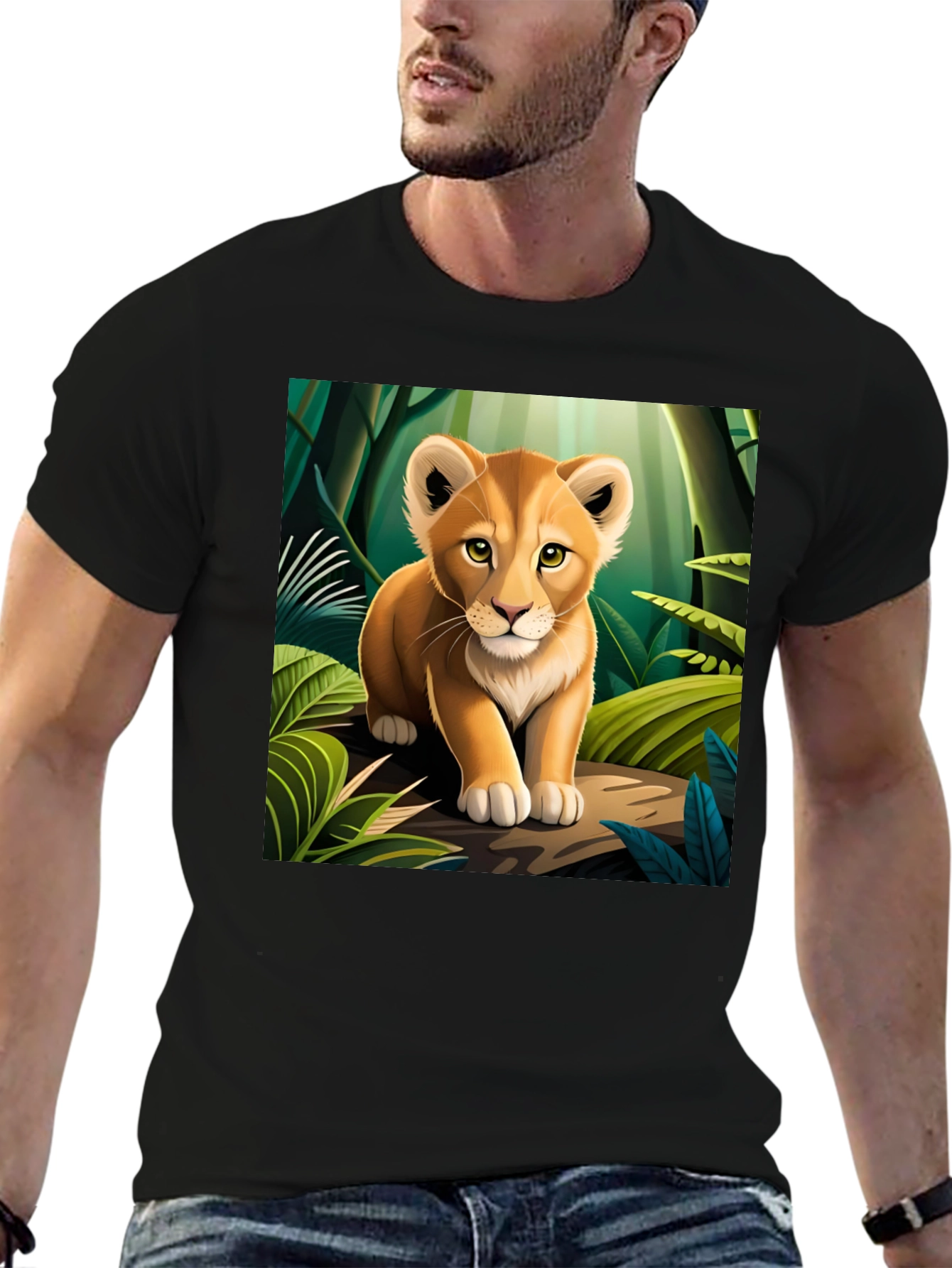 Cute Lion Cub in Jungle Black T-Shirt