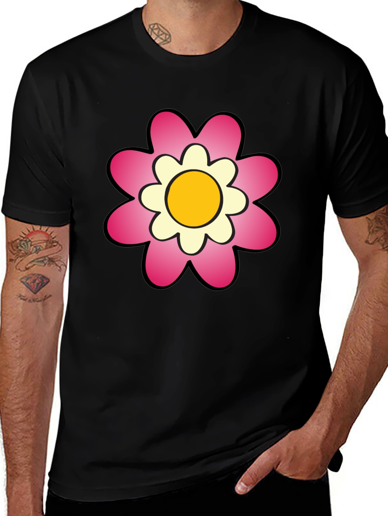 Black T-Shirt with Pink Flower Graphic