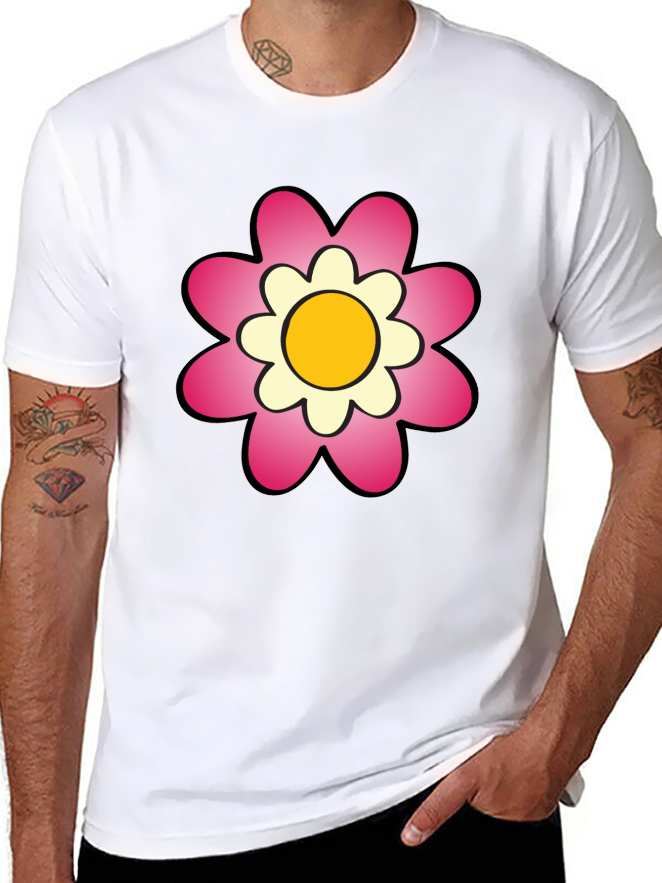 Black T-Shirt with Pink Flower Graphic