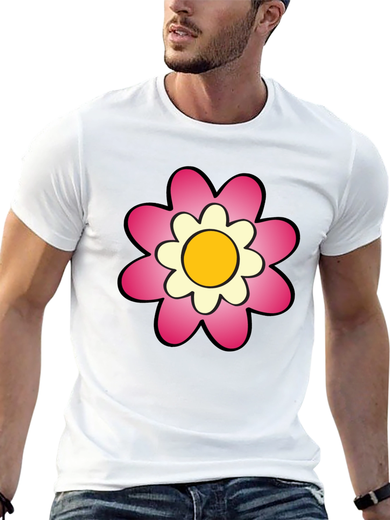 Black T-Shirt with Pink Flower Graphic