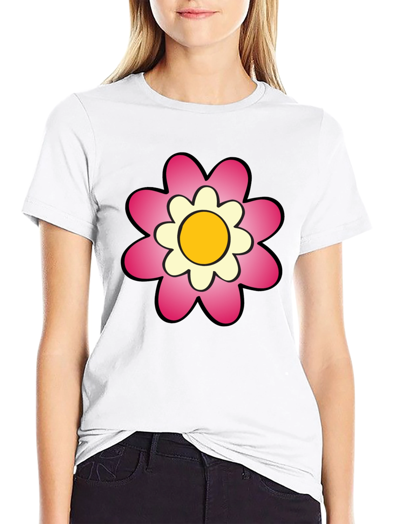 Black T-Shirt with Pink Flower Graphic