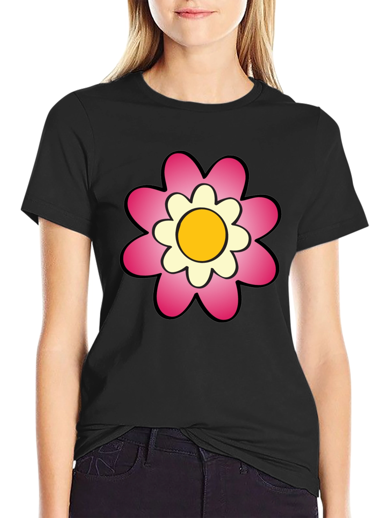 Black T-Shirt with Pink Flower Graphic