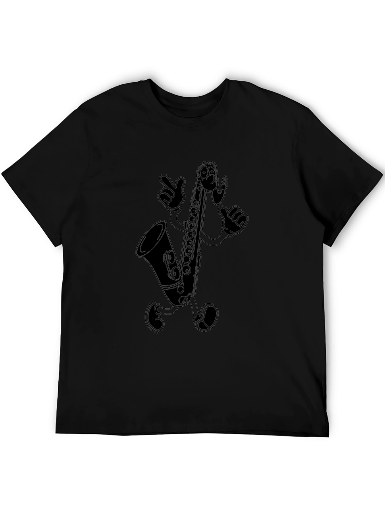 Saxophone Cartoon Character Black T-Shirt