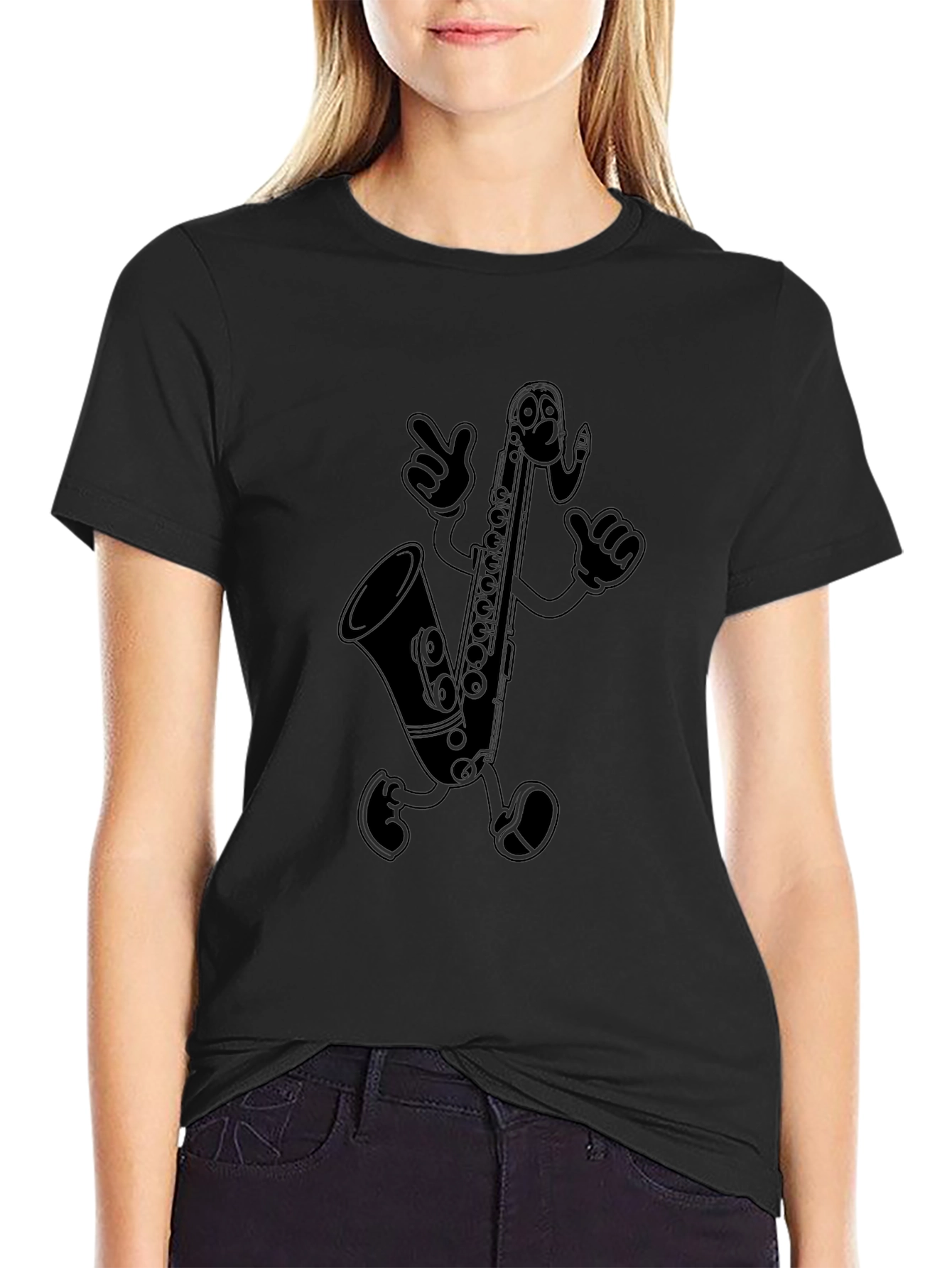 Saxophone Cartoon Character Black T-Shirt