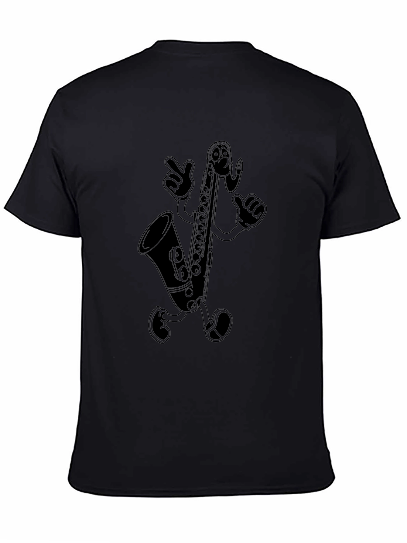 Saxophone Cartoon Character Black T-Shirt