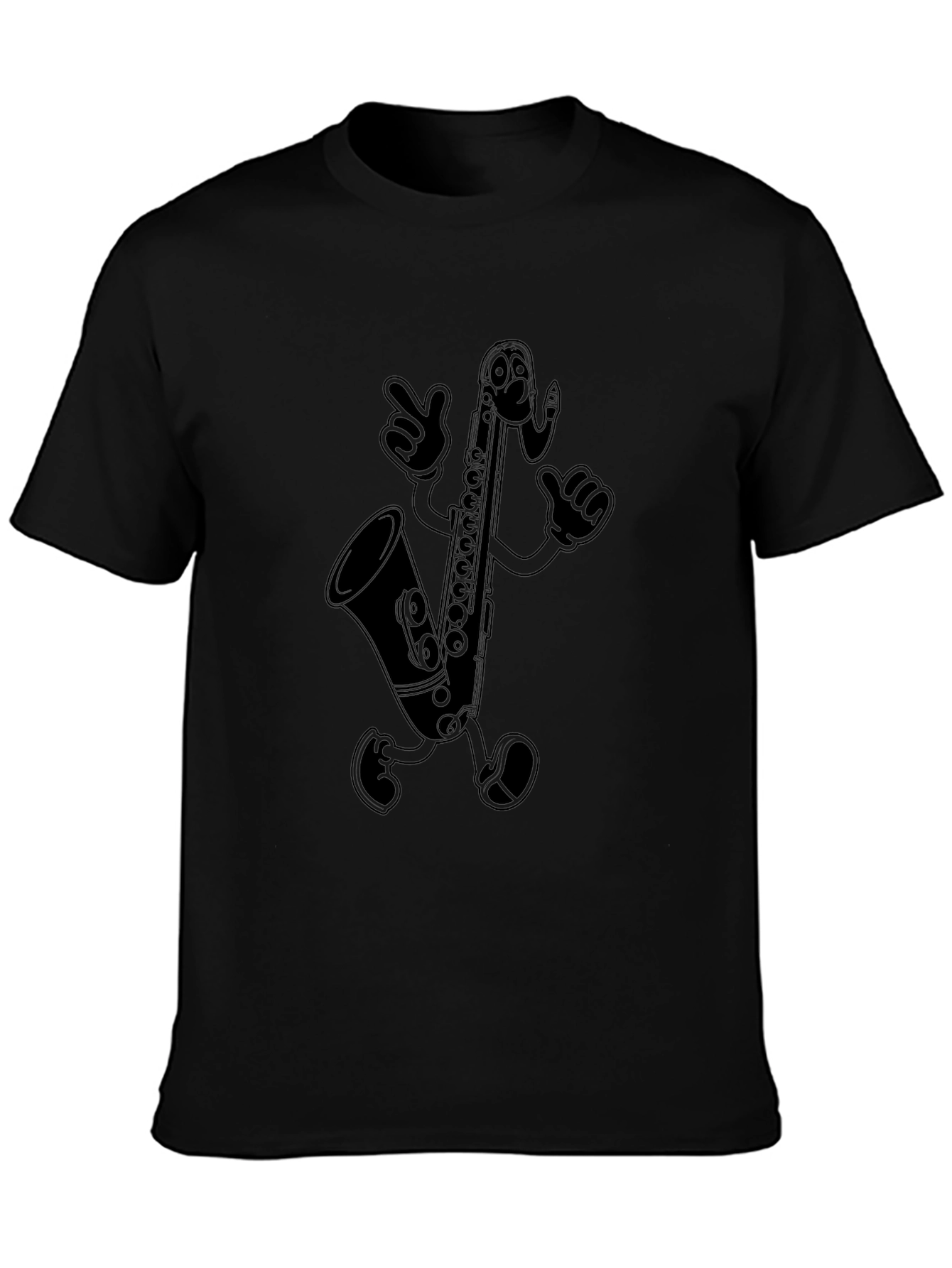 Saxophone Cartoon Character Black T-Shirt