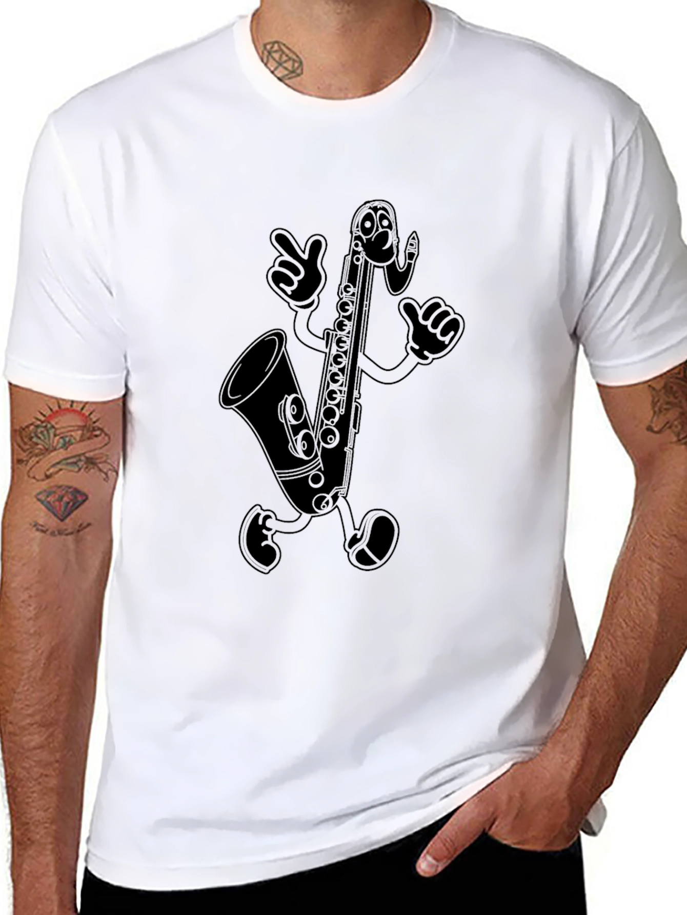 Saxophone Cartoon Character Black T-Shirt