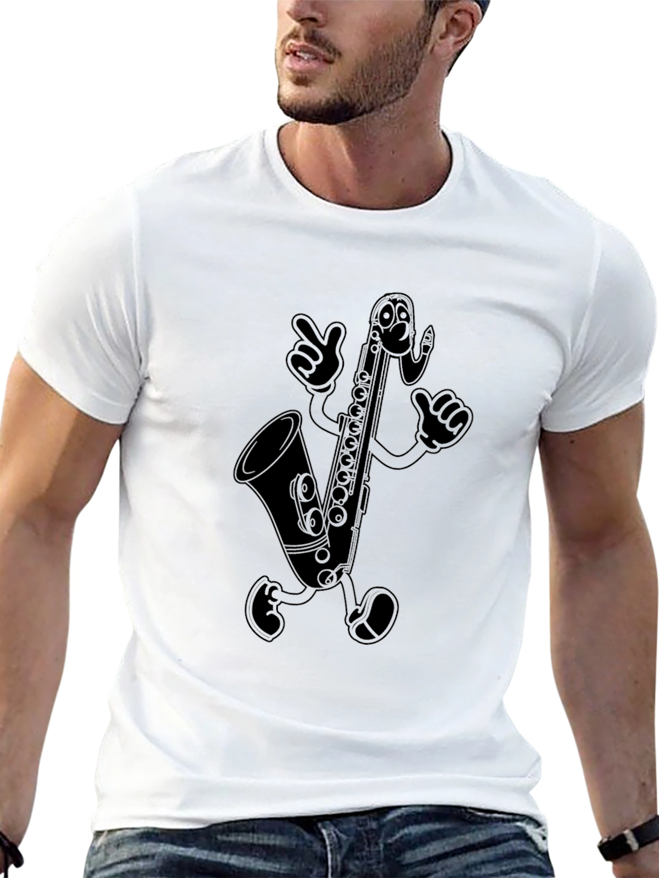 Saxophone Cartoon Character Black T-Shirt