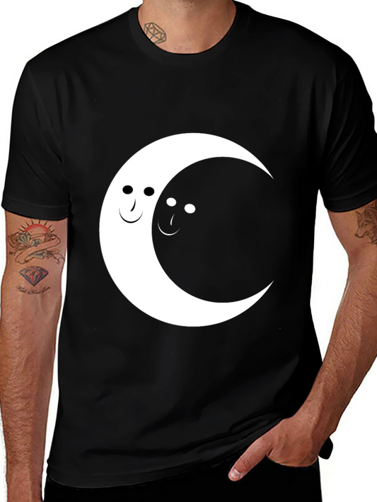 Yin Yang Moon Face Graphic Tee - Black