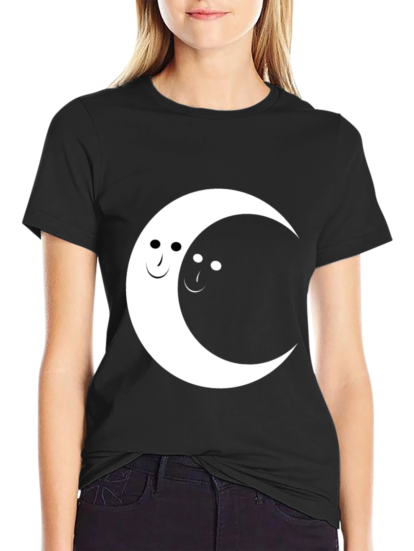 Yin Yang Moon Face Graphic Tee - Black