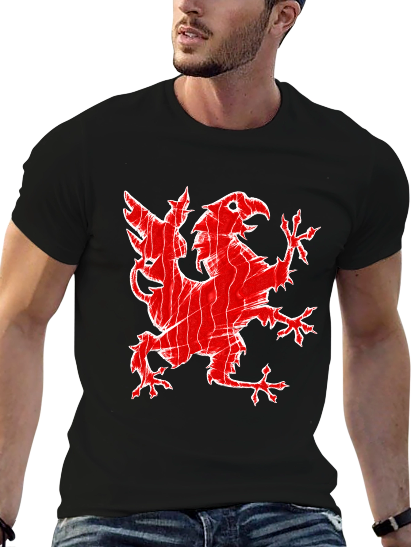 Red Griffin Graphic Print Black T-Shirt