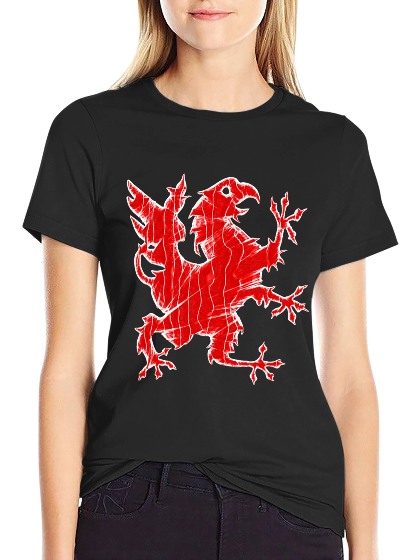 Red Griffin Graphic Print Black T-Shirt