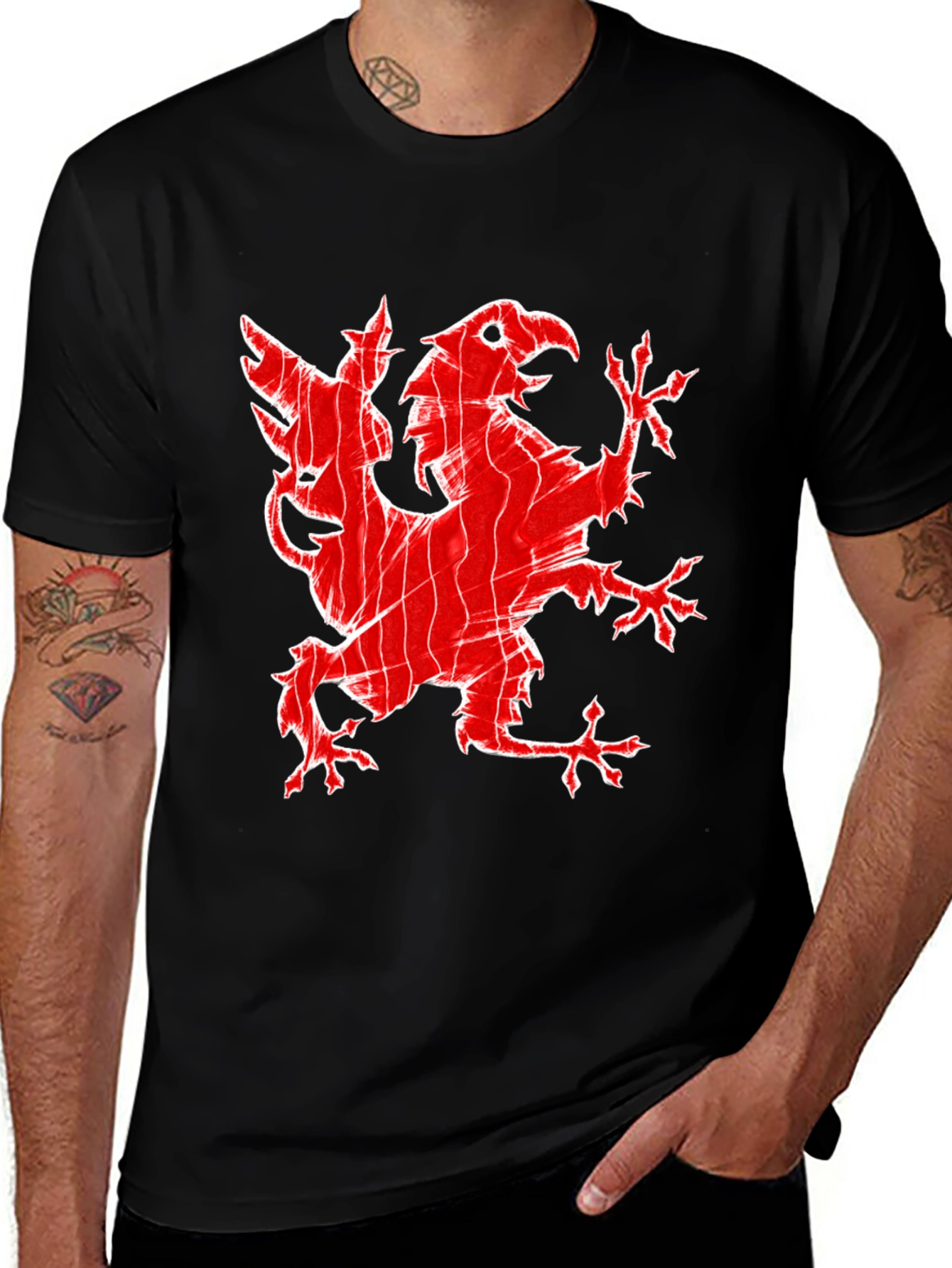 Red Griffin Graphic Print Black T-Shirt
