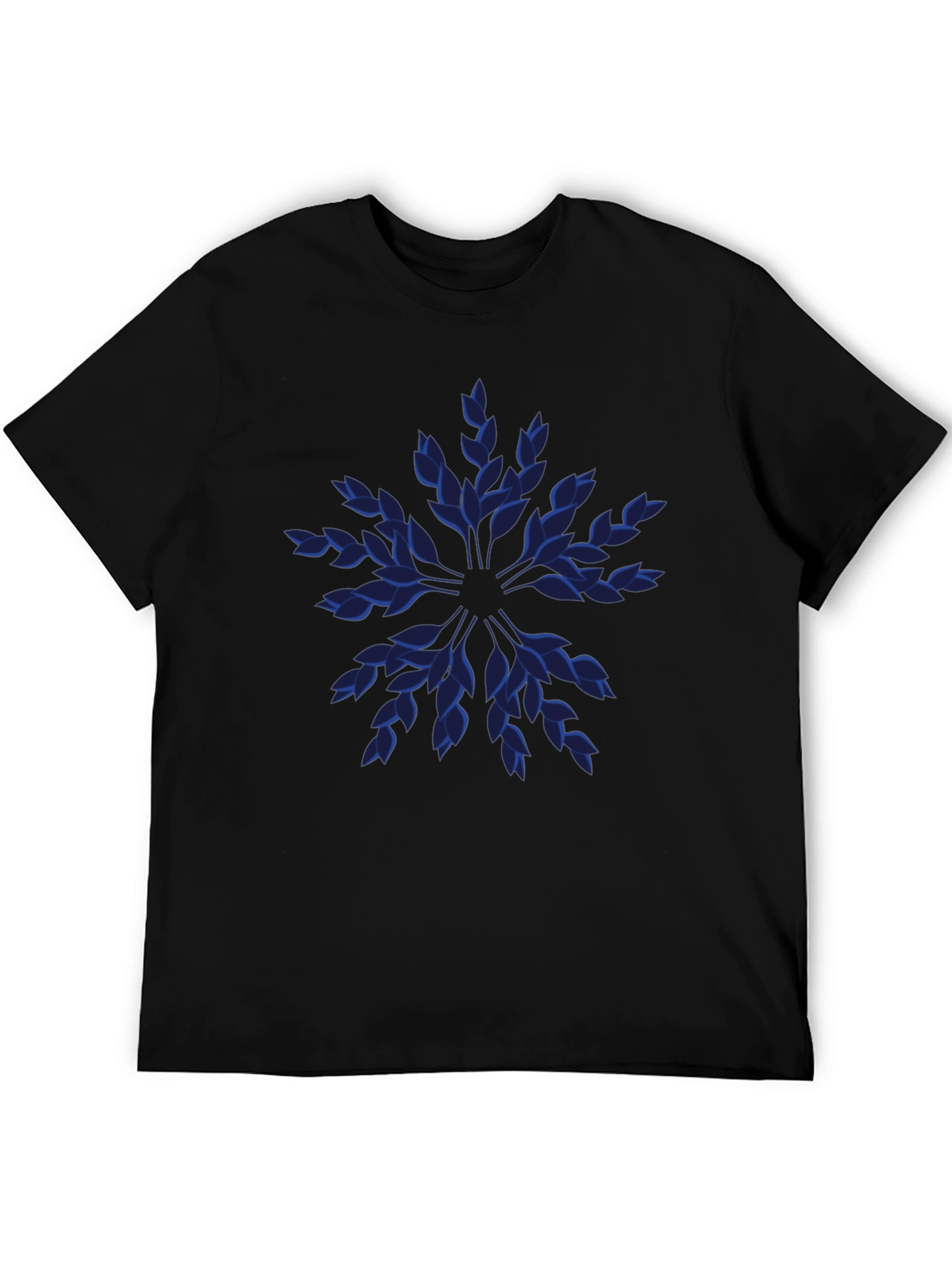 Blue Leaf Pattern Black T-Shirt