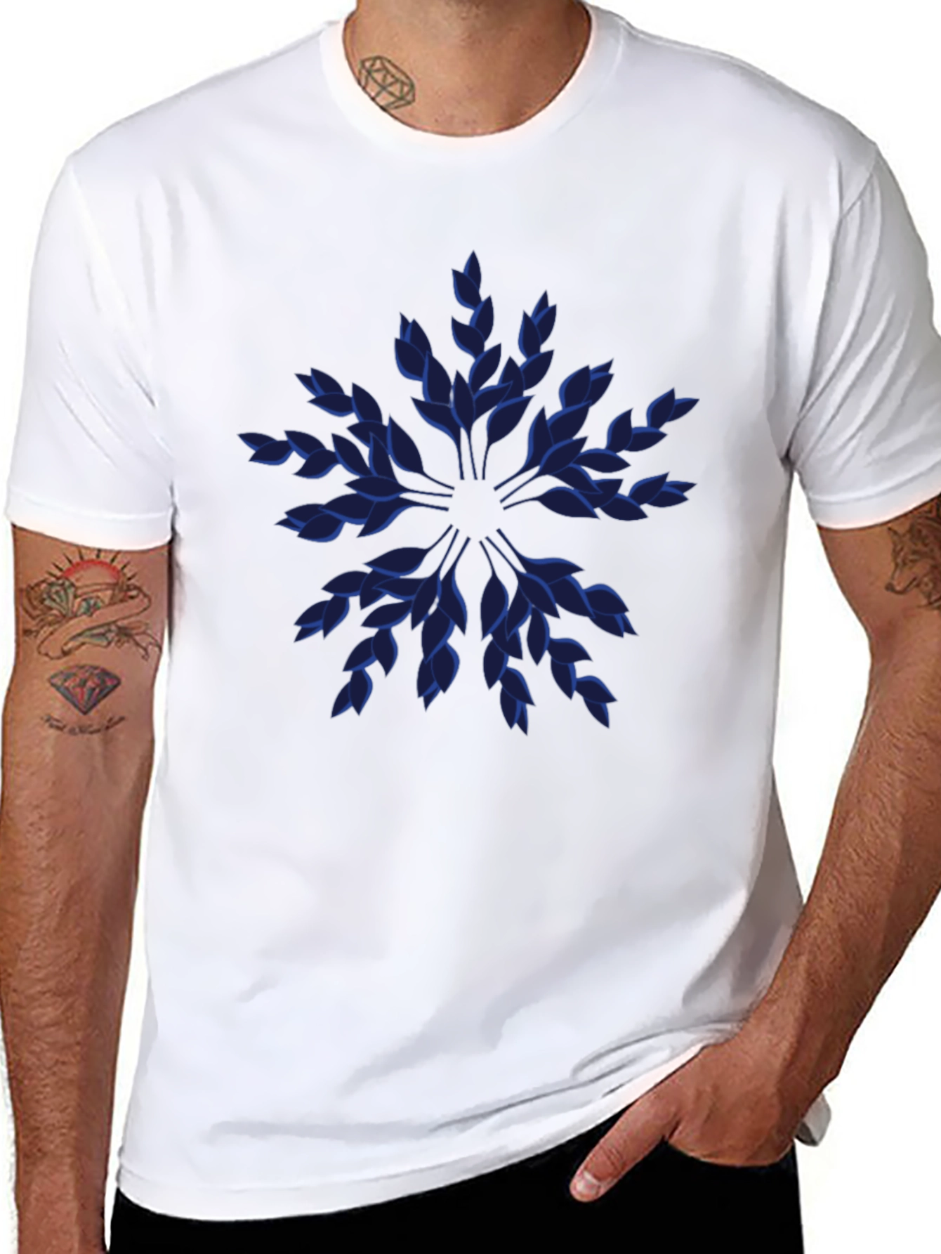Blue Leaf Pattern Black T-Shirt