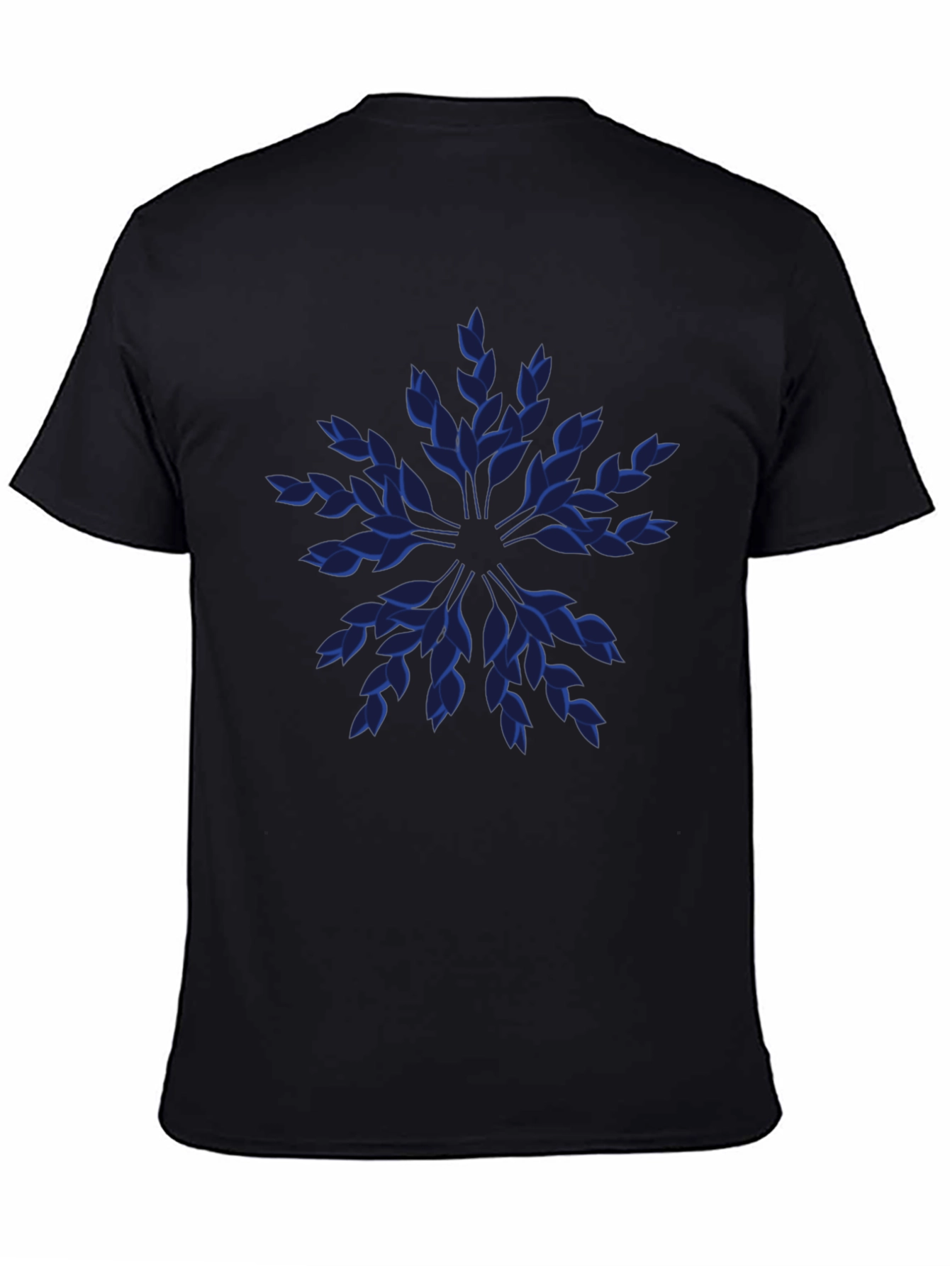 Blue Leaf Pattern Black T-Shirt