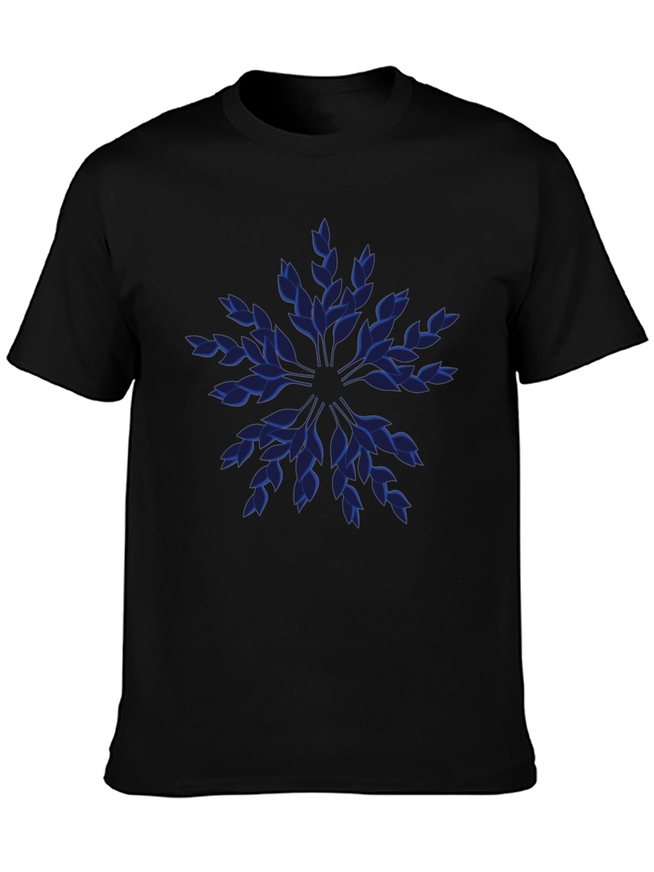 Blue Leaf Pattern Black T-Shirt