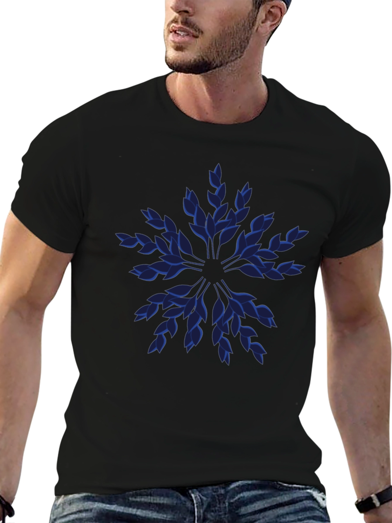 Blue Leaf Pattern Black T-Shirt