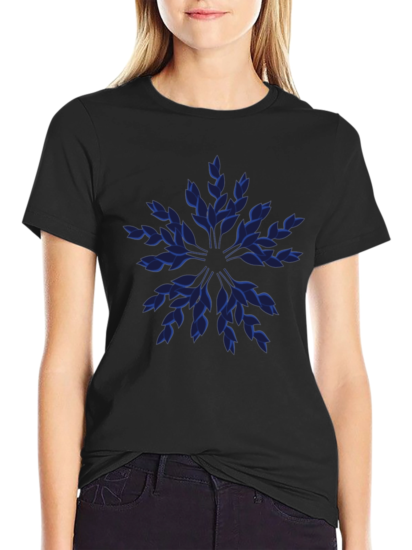 Blue Leaf Pattern Black T-Shirt