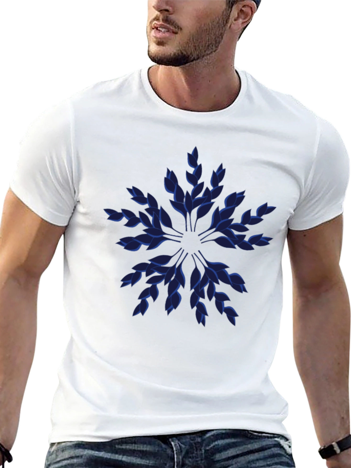Blue Leaf Pattern Black T-Shirt