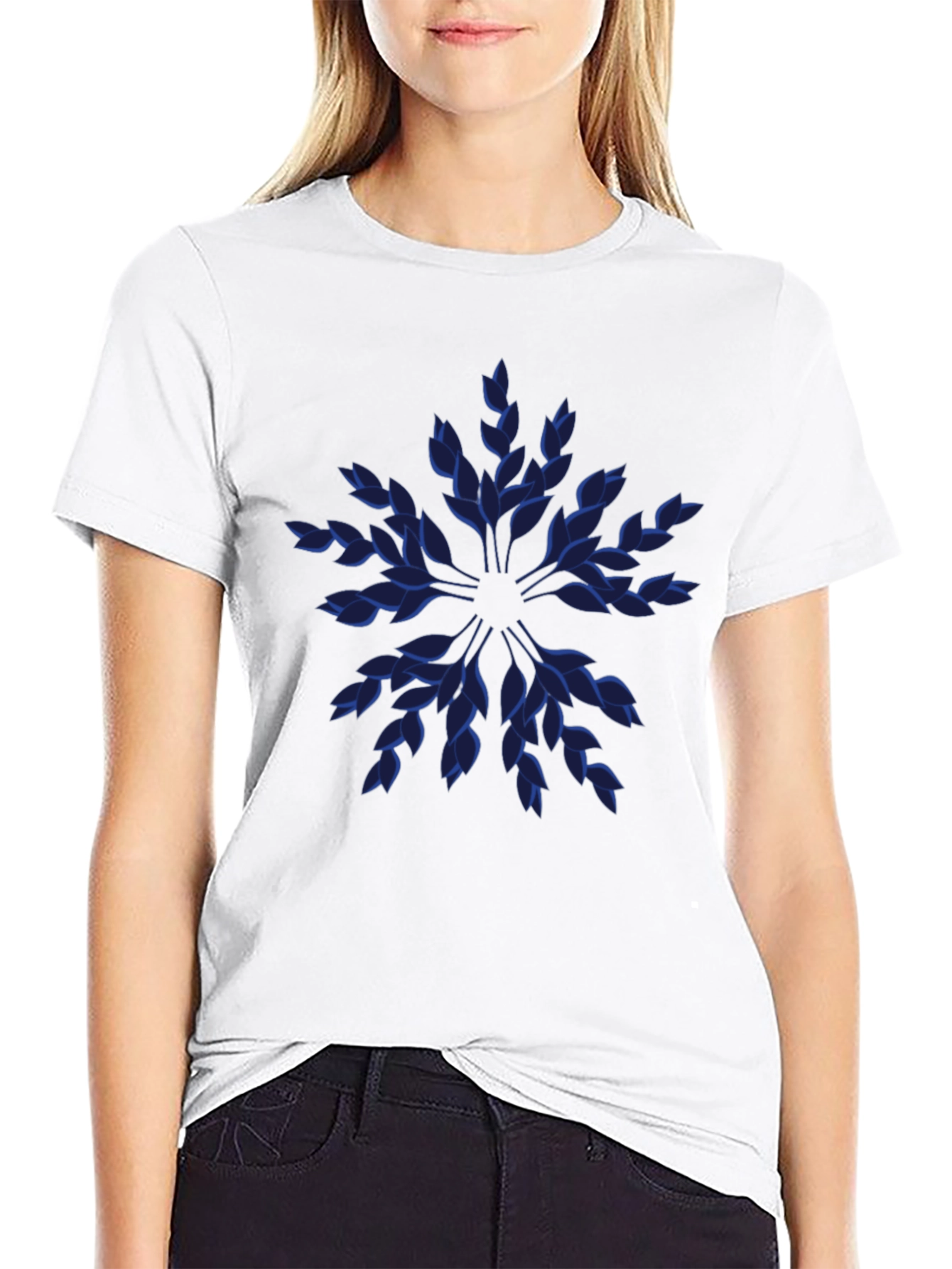 Blue Leaf Pattern Black T-Shirt