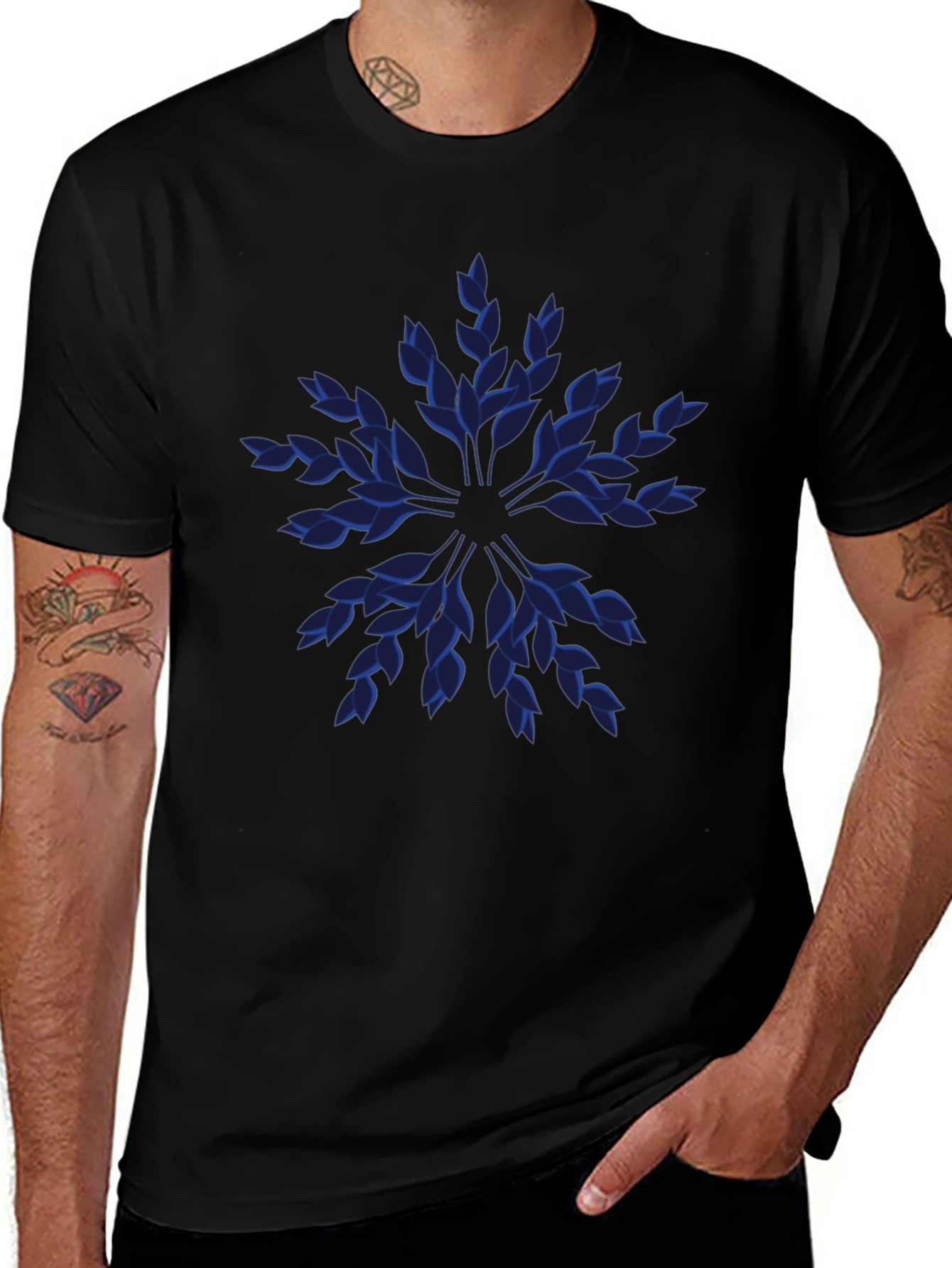 Blue Leaf Pattern Black T-Shirt