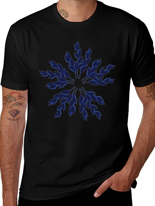 Blue Leaf Pattern Black T-Shirt