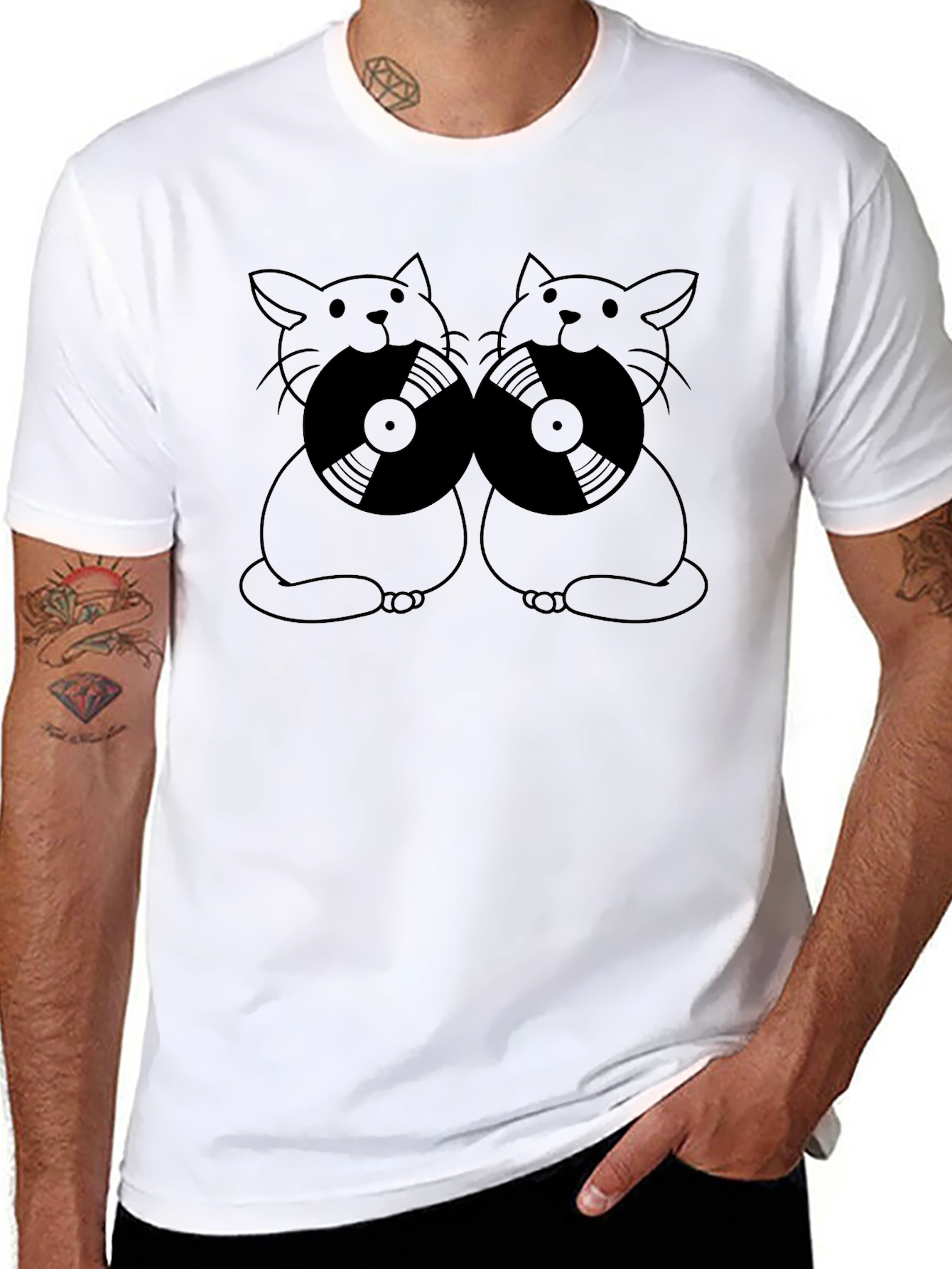 Cats With Vinyl Records Graphic T-Shirt