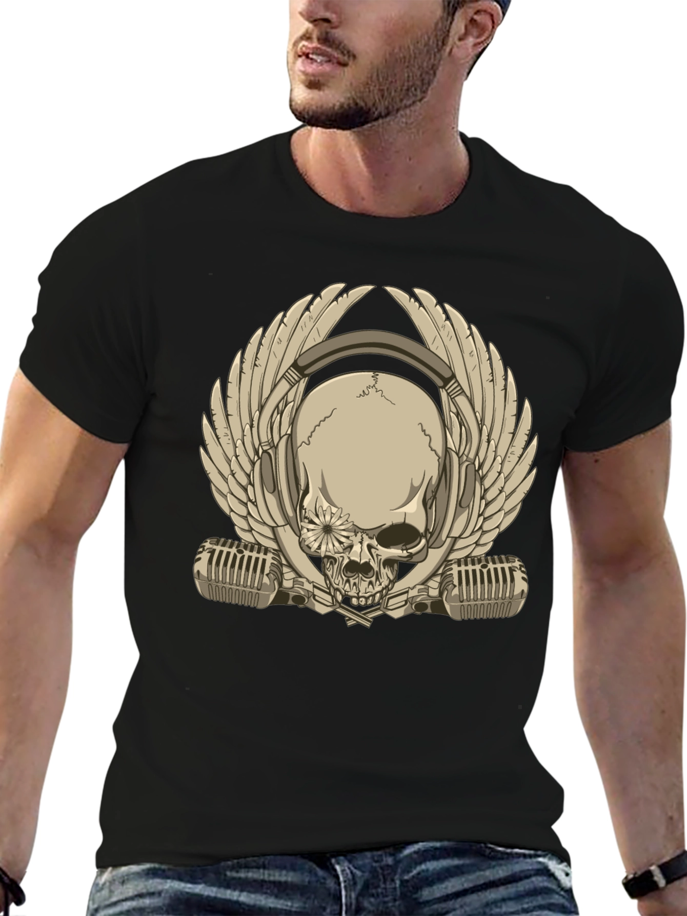 Skull with Headphones & Wings Graphic T-Shirt