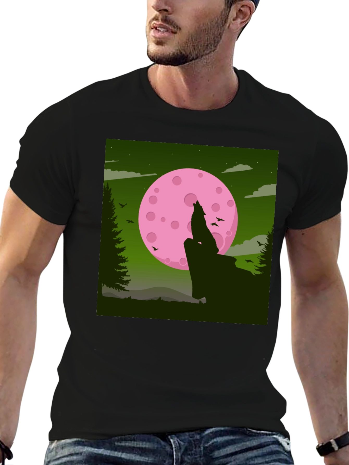 Wolf Howling at Pink Moon Graphic Tee