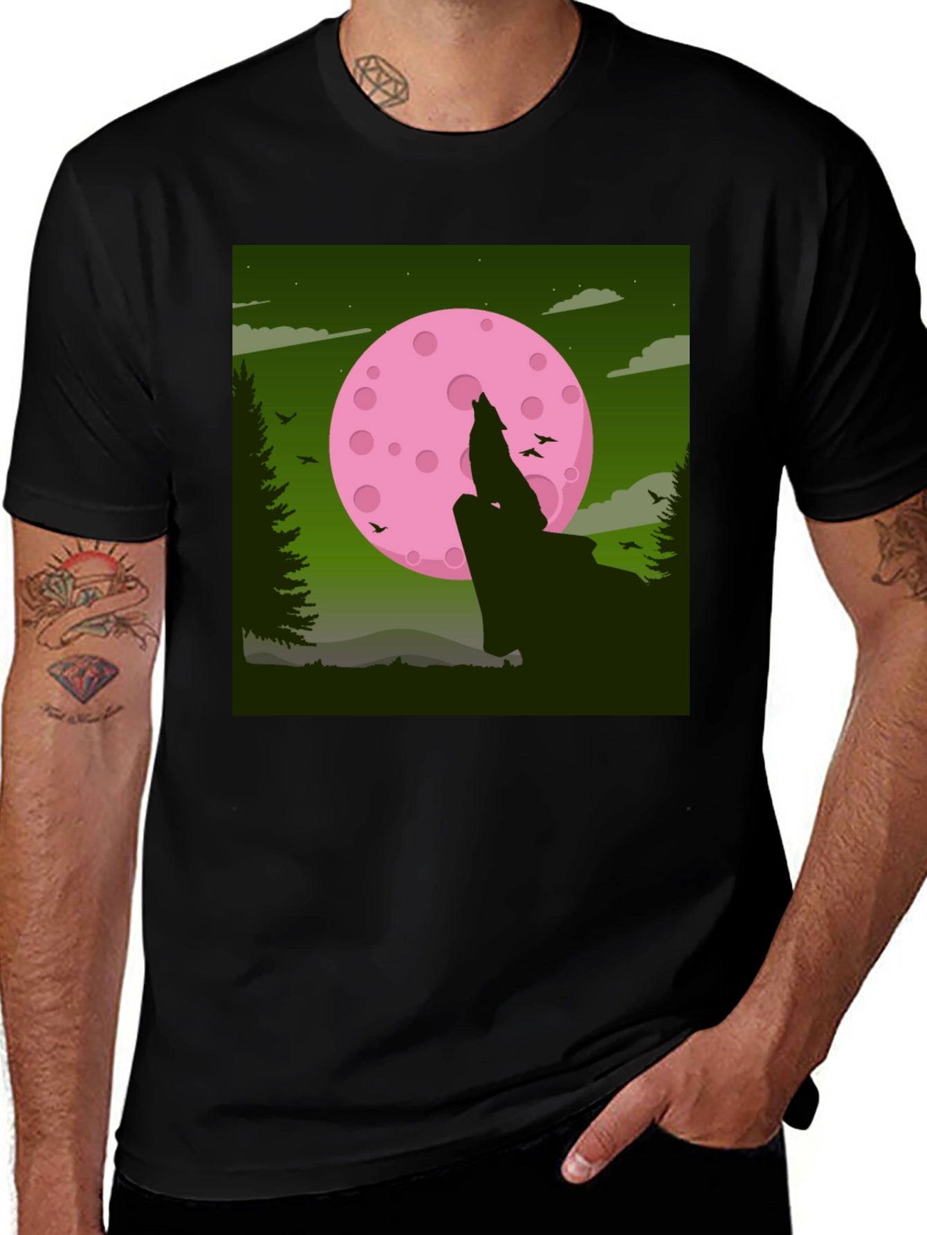 Wolf Howling at Pink Moon Graphic Tee