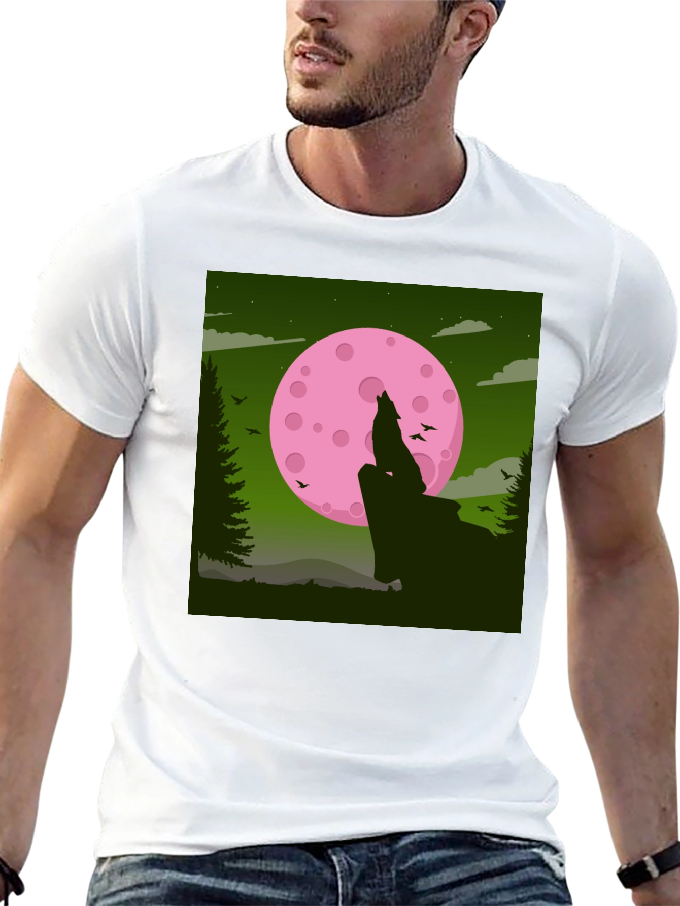 Wolf Howling at Pink Moon Graphic Tee