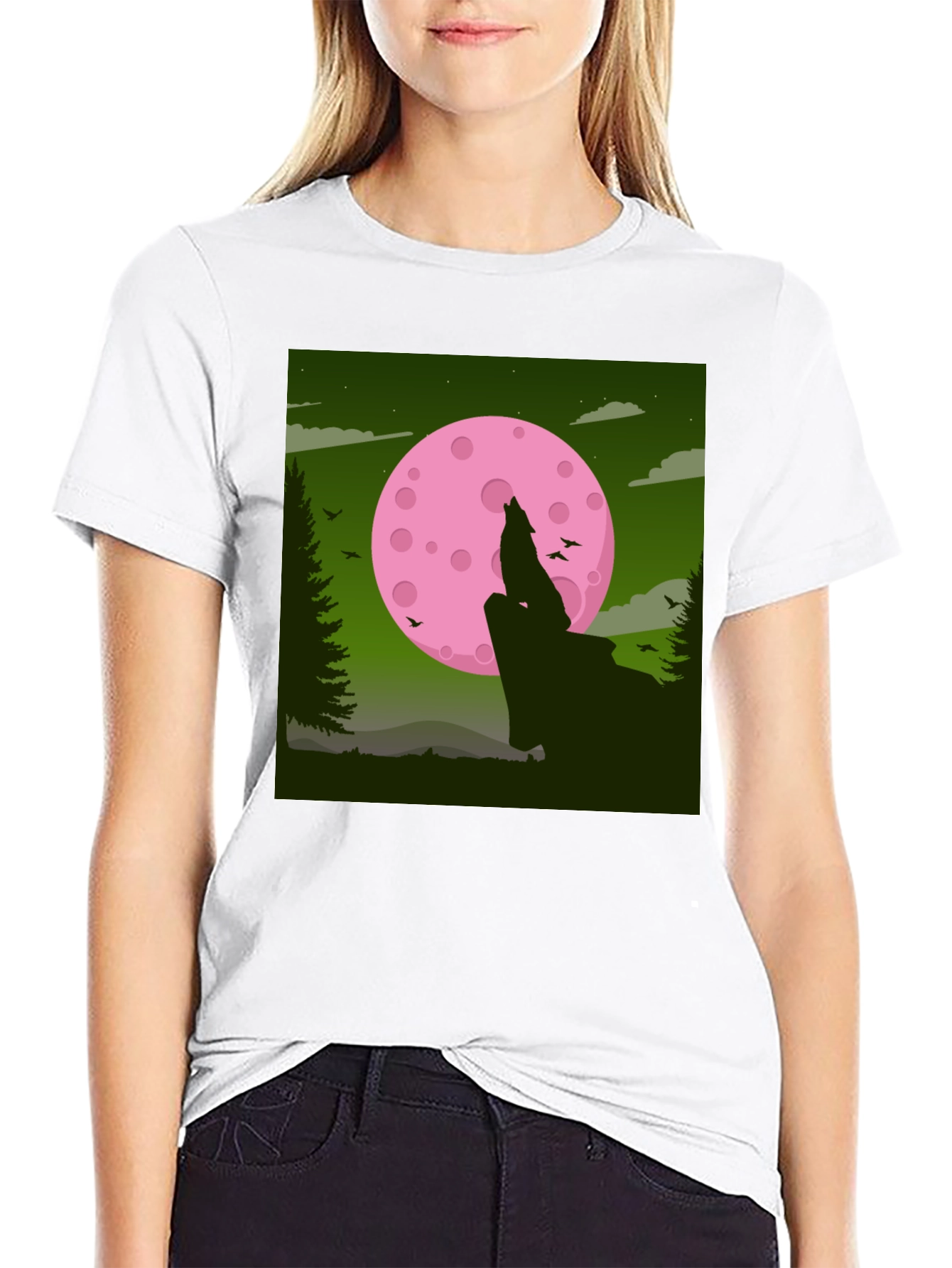 Wolf Howling at Pink Moon Graphic Tee