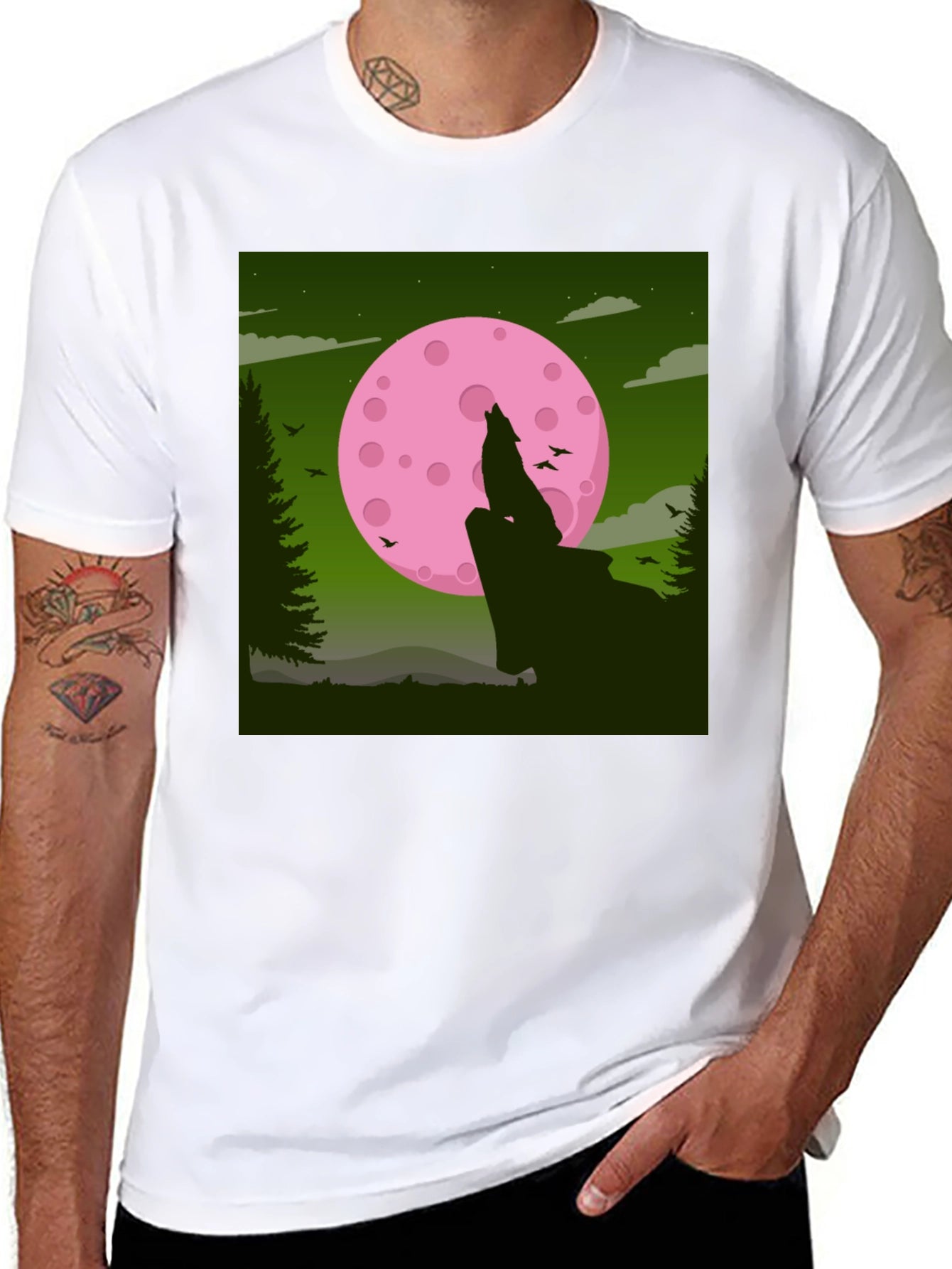 Wolf Howling at Pink Moon Graphic Tee