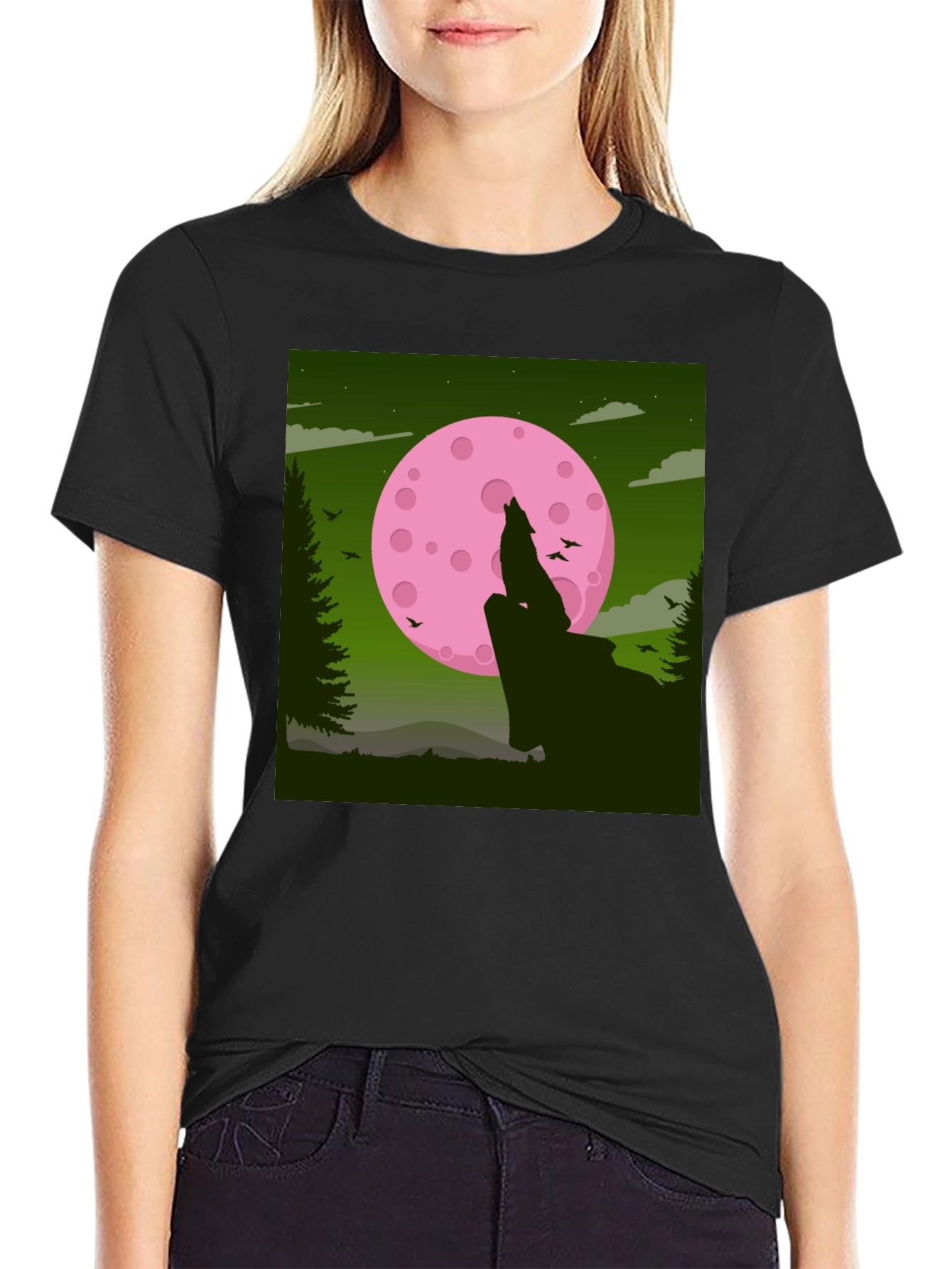 Wolf Howling at Pink Moon Graphic Tee