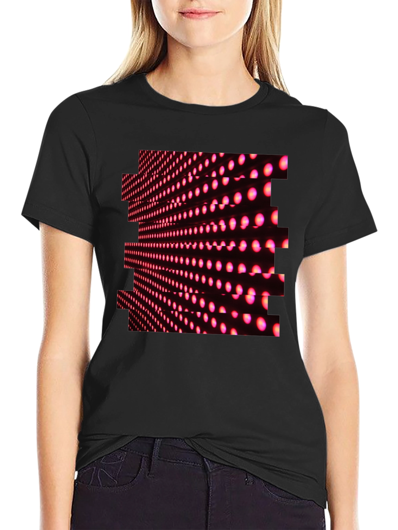 Black T-Shirt with Abstract Pink LED Dot Pattern