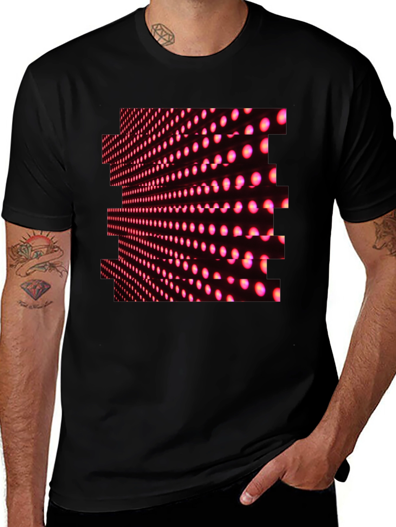 Black T-Shirt with Abstract Pink LED Dot Pattern