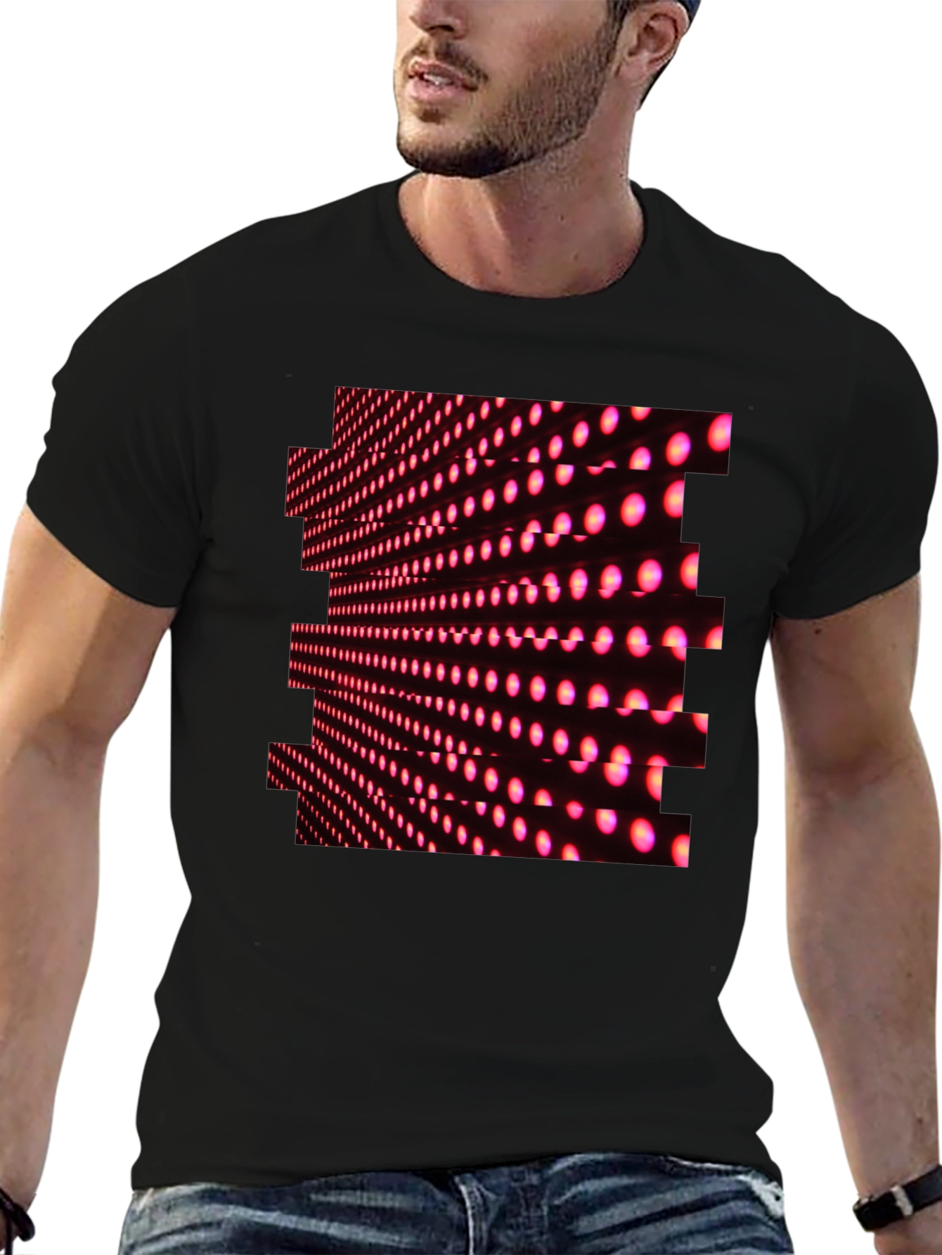 Black T-Shirt with Abstract Pink LED Dot Pattern