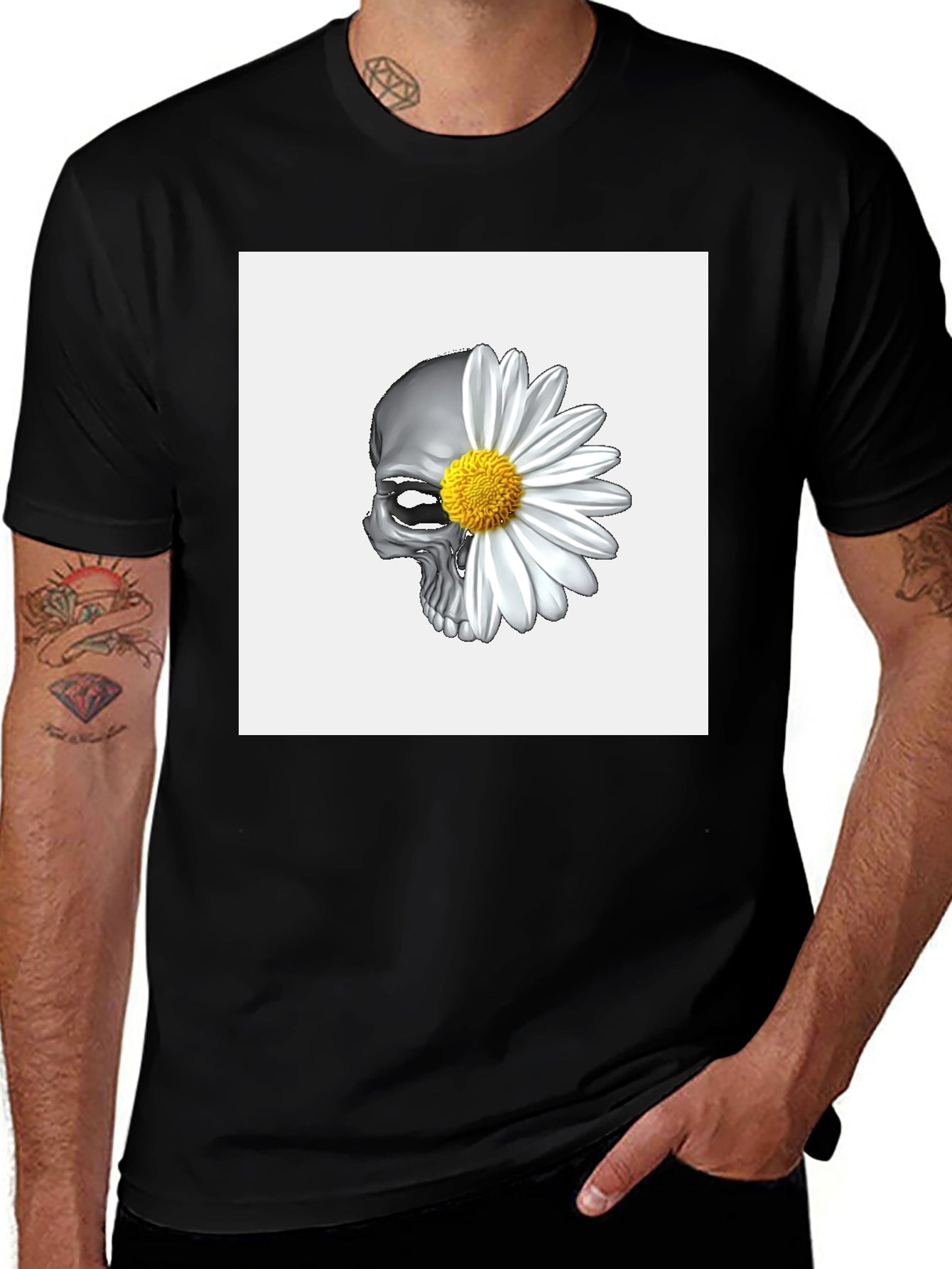 Skull Daisy Graphic Tee - Black Cotton Blend