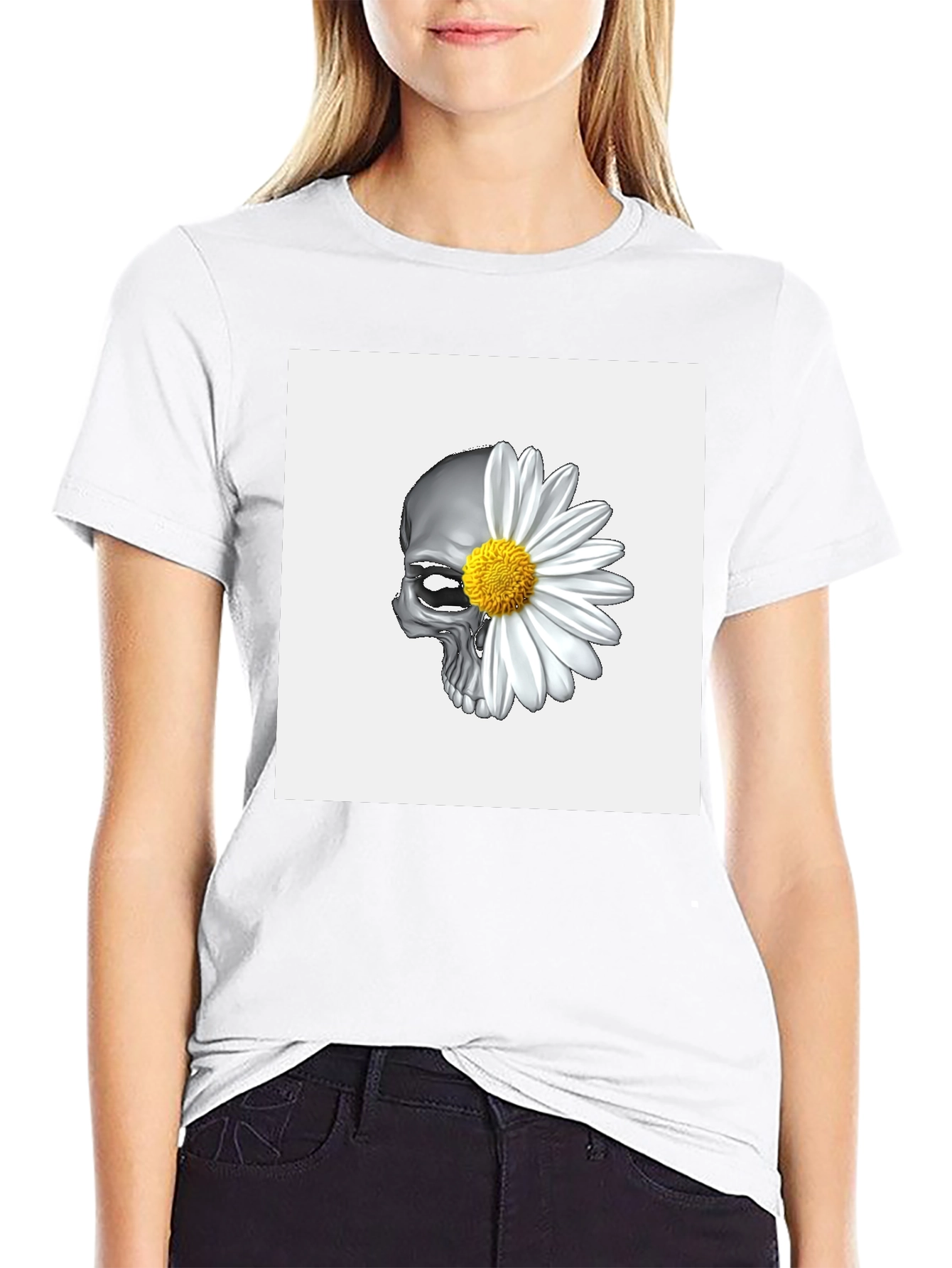 Skull Daisy Graphic Tee - Black Cotton Blend