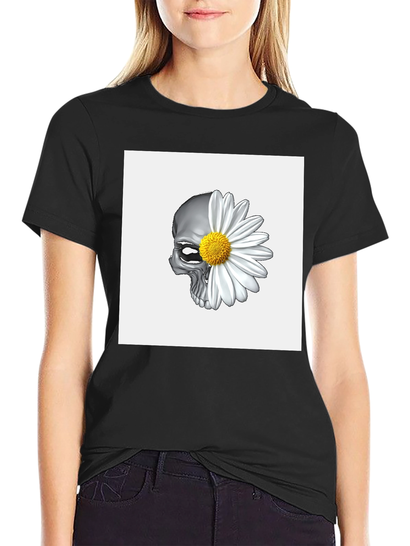 Skull Daisy Graphic Tee - Black Cotton Blend