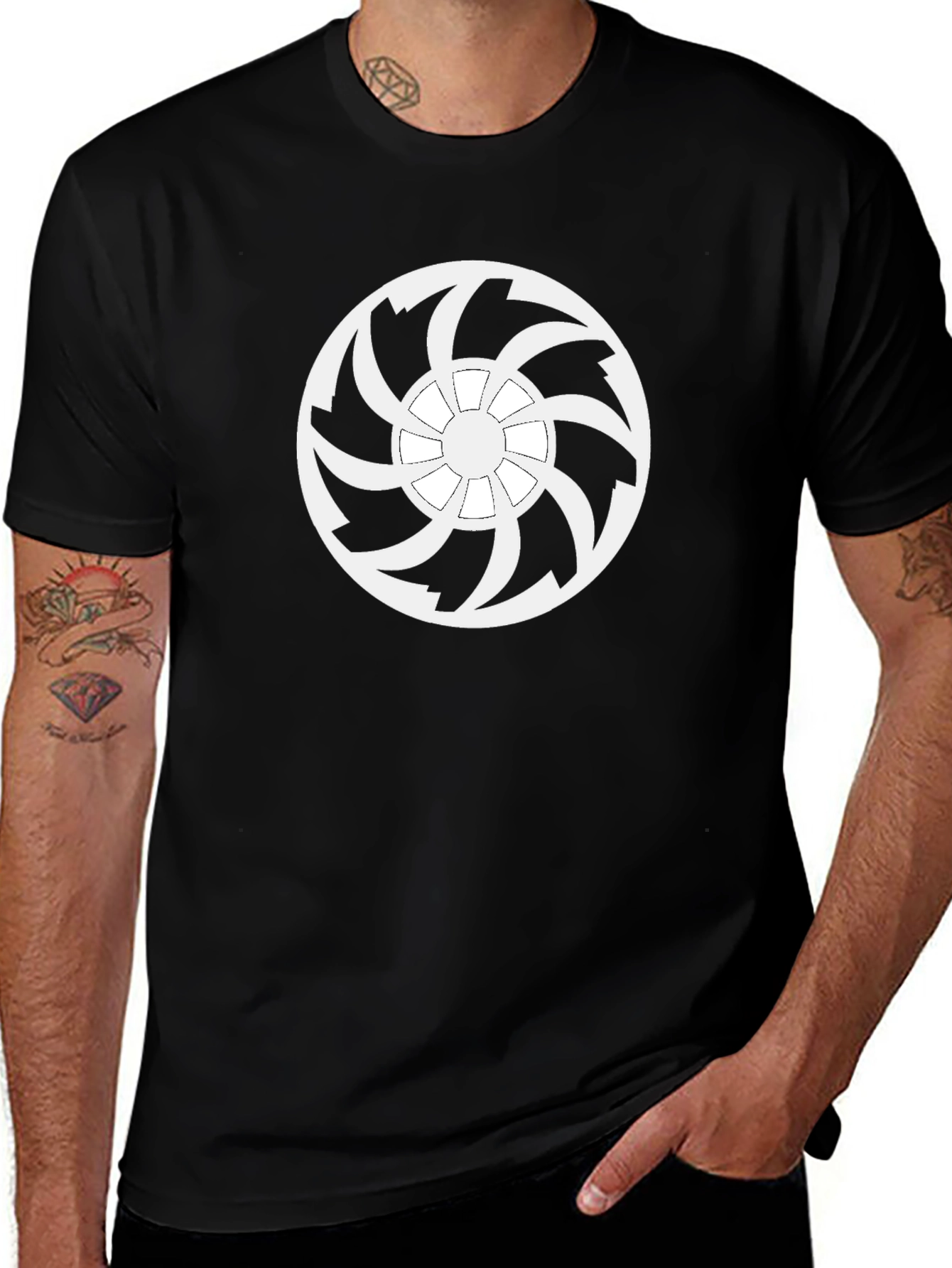 Black T-Shirt with White Turbine Graphic