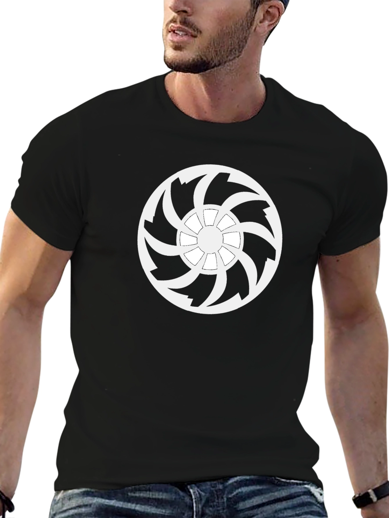 Black T-Shirt with White Turbine Graphic