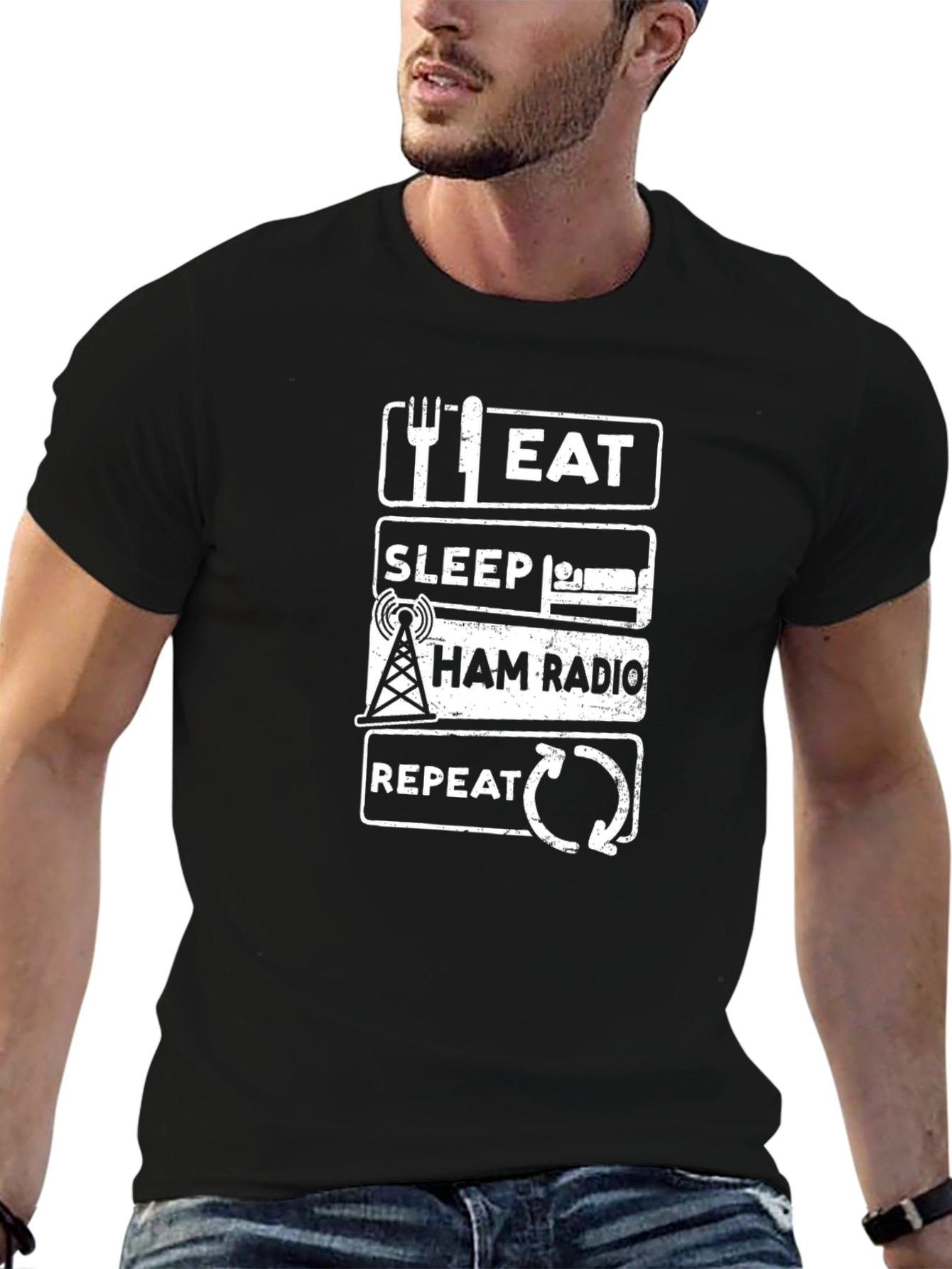 Eat Sleep Ham Radio Repeat Black T-Shirt