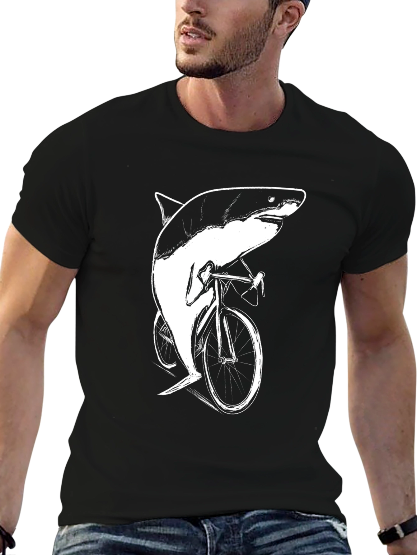 Shark on Bike Graphic Tee - Black Cotton T-Shirt