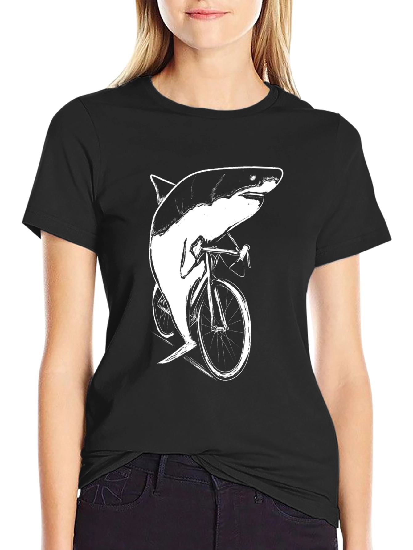 Shark on Bike Graphic Tee - Black Cotton T-Shirt