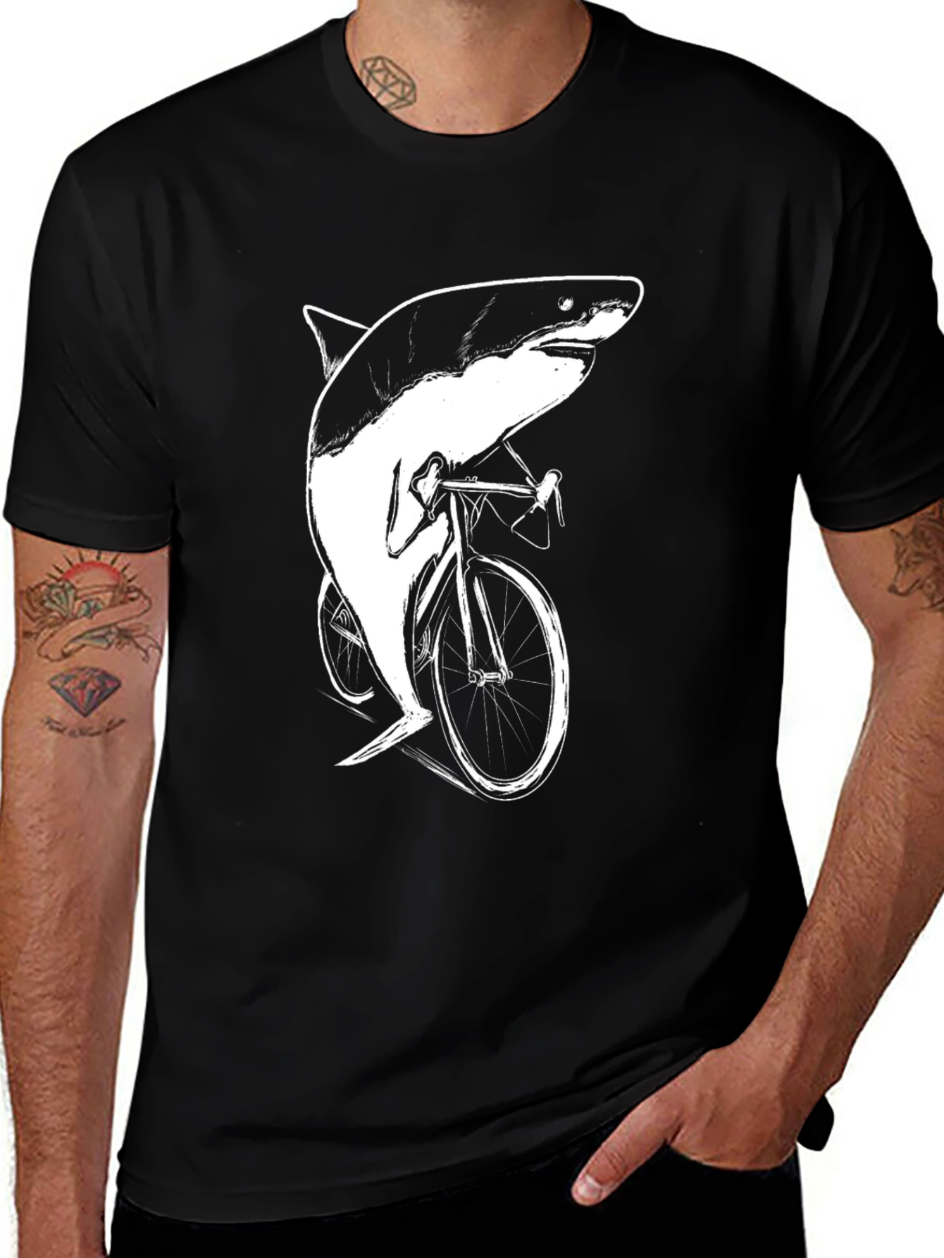 Shark on Bike Graphic Tee - Black Cotton T-Shirt