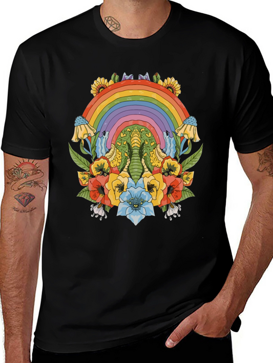 Rainbow Elephant Floral Print Black T-Shirt